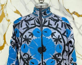Boho Suzani Cotton Stone Washed Jacket - Embroidered Floral, Free Size