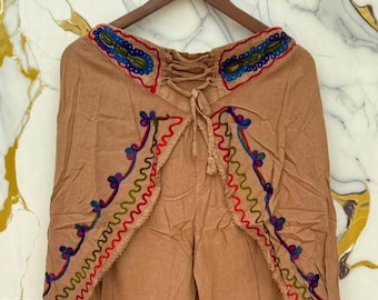 Embroidered Wrap Around Rayon Palazzo Pants, Boho Hippie Wide Leg Trousers.