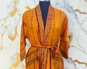 Recycled Silk Saree Hand Dyed Kimono Robe, Boho Long Duster, Resort Wear