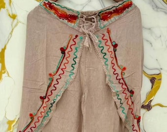 Embroidered Rayon Harem Pants, Asymmetric Boho Festival Hippie Style