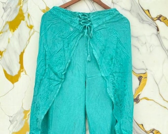 Embroidered Rayon Palazzo Pants, Comfy Flared Yoga Trousers.