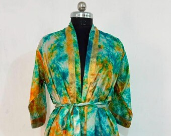 Kimono z jedwabiu tie-dye, szlafrok boho, lekki luksusowy szal, damski strój wypoczynkowy
