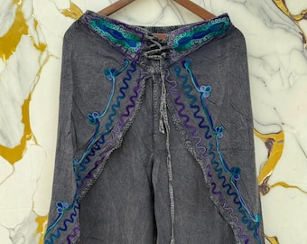 Handmade Embroidered Rayon Palazzo Pants, Bohemian Wide Leg Trousers.