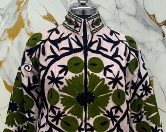 Cotton stone washed jacket ,Suzani embroidered Overcoat for women, boho hippie coats.