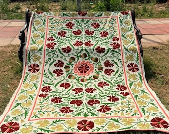 Handmade Suzani Embroidered Bedspread, Floral Boho Cotton Throw, Uzbek Style Bedding