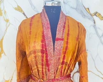 Vintage Silk Sari Kimono, Summer Silk Robe, Women Dressing, Bridal Gown, Honeymoon Wear.