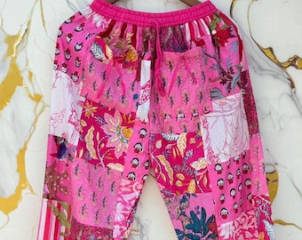 Patchwork Cotton Harem Pants, Bohemian Floral Trousers, Wide Leg Lounge Wear