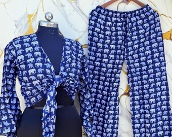 Printed Indigo Pajama Set, Floral Print Lightweight Fabric.