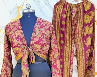 Bell Sleeve Tie Top and Wide Leg Pant Set, Paisley Print Clothing Set.