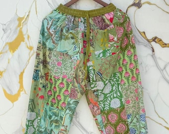Boho Cotton Patchwork Harem Pants, Floral Print Lounge, Lightweight Festival Wear