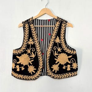 Velvet Suzani Vest, Floral Waistcoat, Boho Embroidered Gilet Jacket, Vintage Layering Piece.