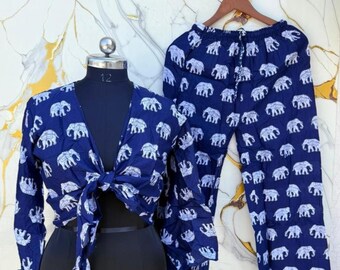 Vintage Inspired Indigo Elephant Print Rayon Set, Tie-Front Crop Top, Wide Leg Trouser.