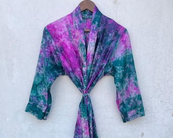 Silk Tie Dye Kimono Robe: Bohemian Resort Loungewear