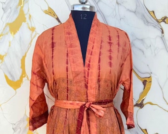 Silk Tie-Dye Kimono Robe, Lightweight Boho Loungewear Kimono.