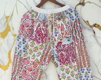 Handmade Cotton Patchwork Harem Pants, Boho Floral Print Trousers, Yoga Festival Loungewear