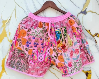 Handmade Patchwork Cotton Cargo Shorts, Eco-Friendly Hippie Style.
