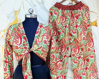 Paisley Print Poly Silk Two-Piece Set, Tie-Front Crop Top & Palazzo Pants, Luxury Lounge.