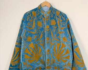Blue Velvet Suzani Jacket, Floral Hand Embroidery, Boho Winter Coat, Women’s Outerwear