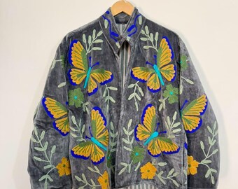 Hand Embroidered Velvet Jacket, Botanical Floral Coat, Bohemian Winter Outerwear, Suzani Artisan Festival Wear.
