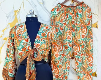 Bohemian Paisley Poly Silk Two-Piece Set, Tie-Front Crop Top & Palazzo Pants, Luxury Lounge.