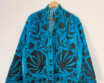 Teal Velvet Suzani Jacket, Black Floral Embroidered Boho Coat, Handmade Winter Outerwear.