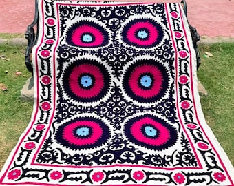 Vintage Suzani Bedspread, Blue Embroidered Cotton Throw, Uzbek Boho Textile Decor.