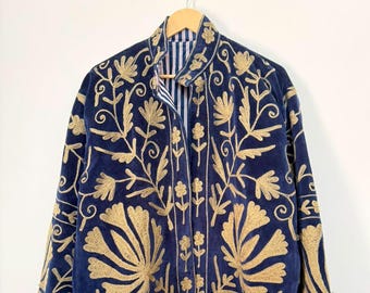 Hand Embroidered Suzani Velvet Jacket, Navy Blue Floral Coat, Boho Indian Winter Outerwear