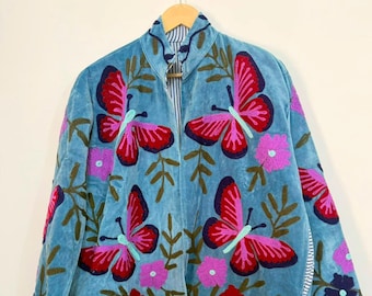 Velvet Suzani Jacket, Floral Bohemian Embroidered Winter Coat, Handmade Artisan Festival Outerwear, Statement Layer.