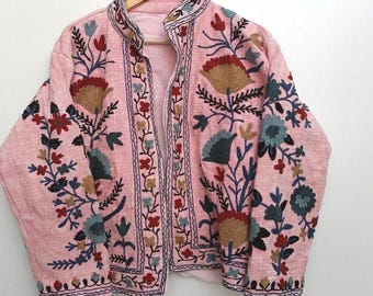 花柄刺繍入りスザニジャケット ピンク TNT生地、ボヘミアン風冬用コート