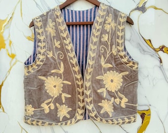 Velvet Suzani Vest, Bohemian Floral Waistcoat, Embroidered Sleeveless Jacket, Vintage Style.