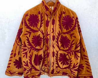 Floral Velvet Suzani Jacket, Bohemian Embroidered Statement Coat, Vintage Kimono Style Outerwear