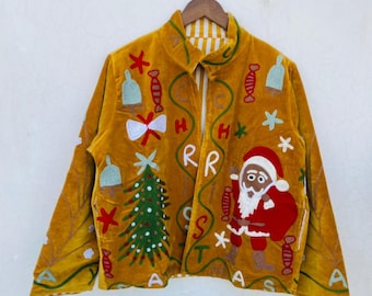 Embroidered Velvet Santa Coat, Unisex Festive Christmas Outerwear, Floral Boho Layer