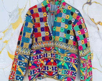 Colorful Gujarati Kutchi Embroidered Jacket, Boho Tribal Reversible Festival Coat