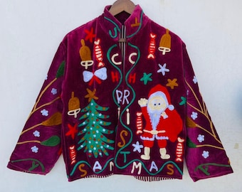 Embroidered Velvet Christmas Jacket, Santa Winter Coat, Boho Festive Outerwear