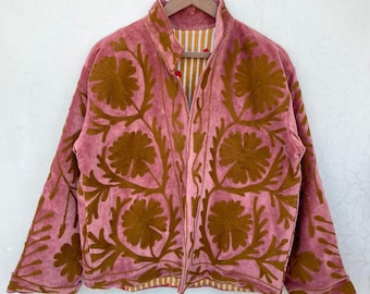 Boho Suzani Velvet Jacket - Embroidered Floral, Free Size