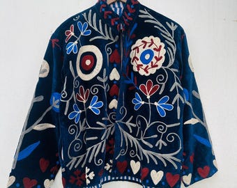 Embroidered Suzani Velvet Jacket: Boho Bohemian Cotton Lined Coat