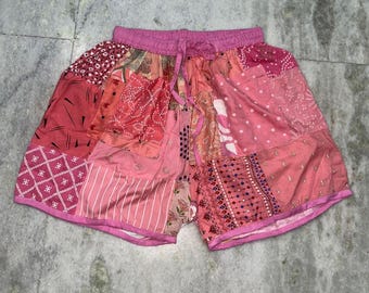 Traditional Patchwork Rayon Shorts, Hippie Style Comfy Cargo with Pockets.