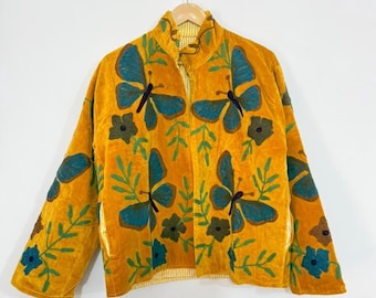 Velvet Suzani Butterfly Embroidered Jacket, Boho Floral Coat, Handmade Festival Outerwear.