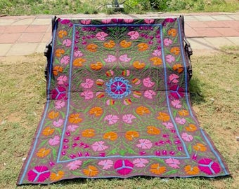 Uzbek Cotton Suzani Textile, Floral Embroidered Tapestry, Handmade Boho Wall Decor.