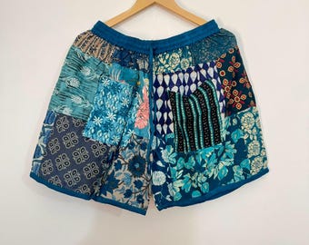 Handmade Rayon Patchwork Shorts, Boho Summer Bottoms, Hippie Festival Lounge Wear, Elastic Waist.