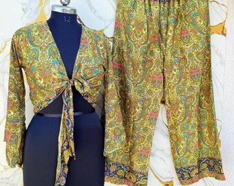 Polyester Silk Tie Top and Palazzo Pants Set, Boho Chic Beachwear.