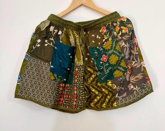 Rayon Patchwork Shorts, Bohemian Lounge Bottoms, Hippie Summer Festival Beachwear, Elastic Waist.