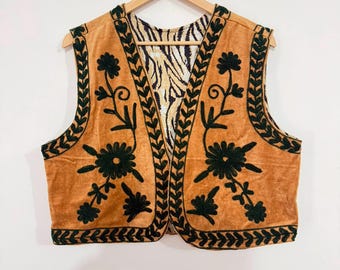 Velvet Suzani Vest, Floral Embroidered Waistcoat, Boho Gilet, Handmade Sleeveless Jacket, Folk Layering Outerwear.