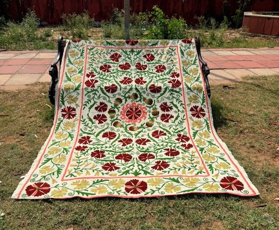 Handmade Suzani Embroidered Bedspread, Floral Boho Cotton Throw, Uzbek Style Bedding