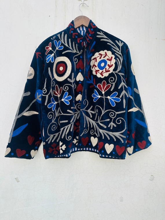 Embroidered Suzani Velvet Jacket: Boho Bohemian Cotton Lined Coat