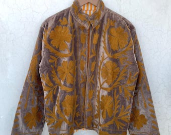 Bohemian Velvet Suzani Jacket, Handmade Embroidered Coat.
