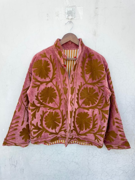 Velvet Suzani Jacket, Boho Embroidered Floral Coat, Handmade Women Outerwear.