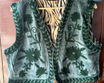 Velvet Suzani Embroidered Waistcoat, Boho Floral Gilet, Handmade Layering Jacket
