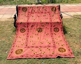 Pink Suzani Embroidered Bedspread, Floral Boho Cotton Throw Blanket, Uzbek Textile (60x90 inches)