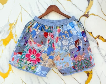Handmade Cotton Patchwork Shorts, Bohemian Festival Beachwear, Relaxed Fit Lounge Loungewear